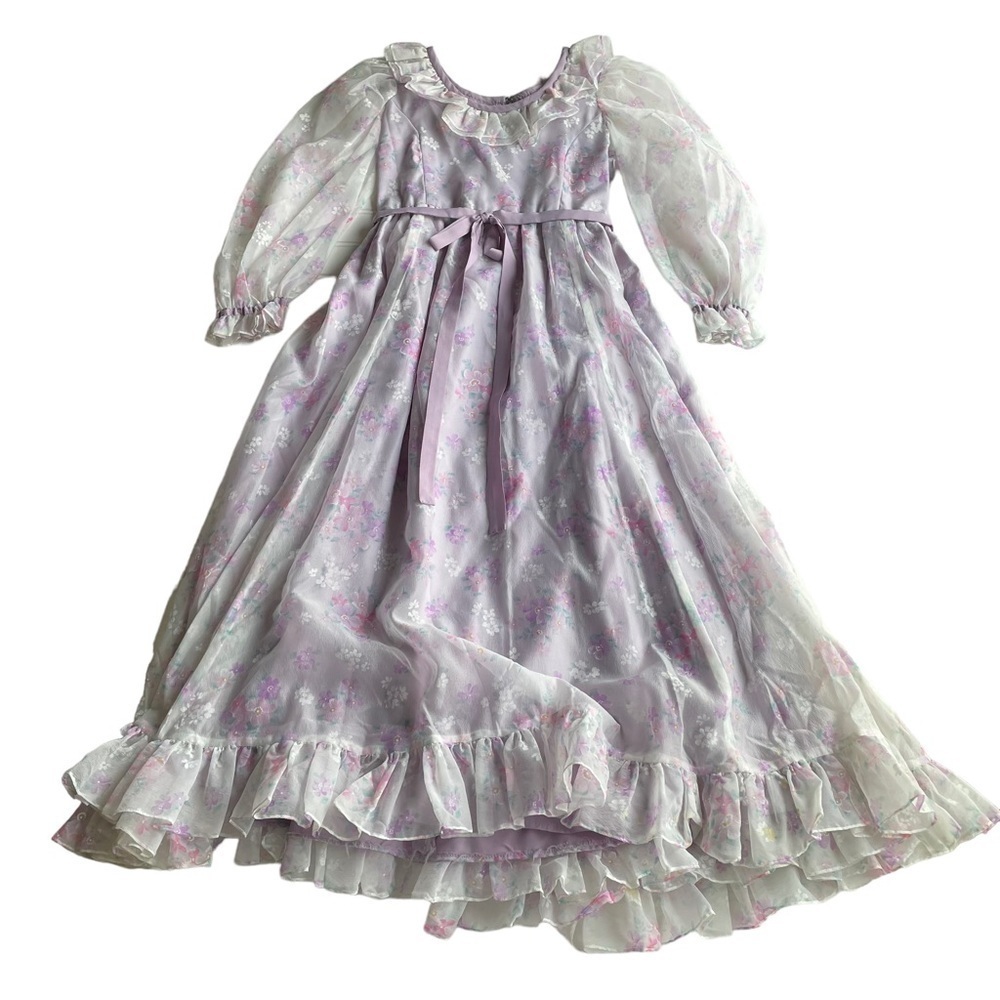 Vintage Prairie Dress Maxi Formal Purple floral Girls size 6 Cottage Boho